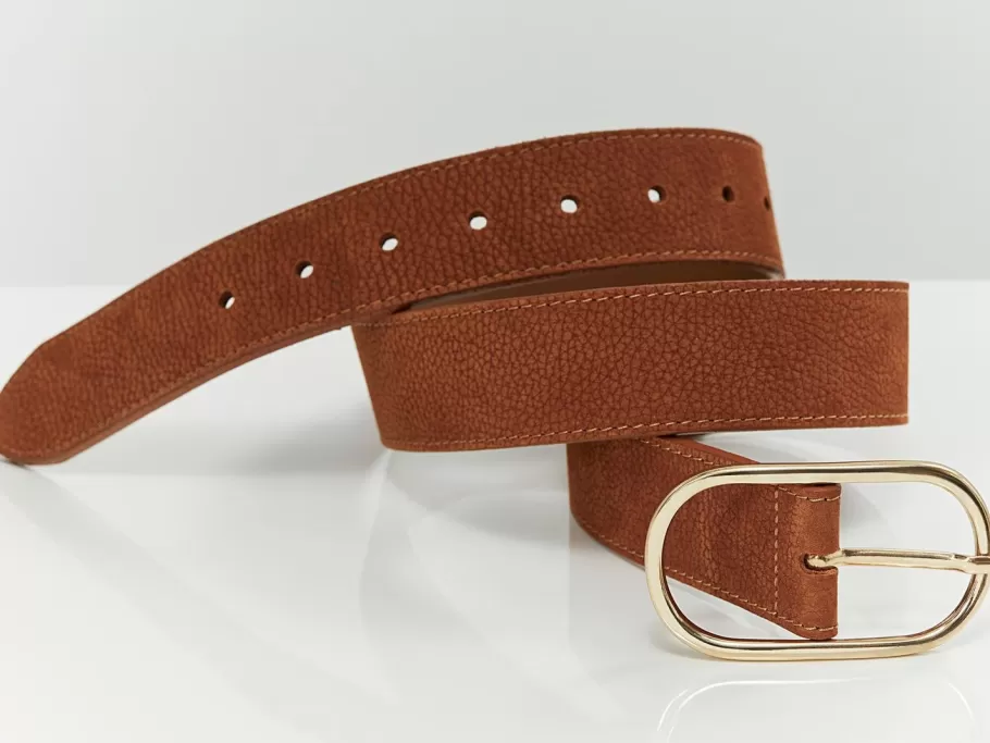 One Step Ceintures^Access - Ceinture Caramel En Cuir Velours Graine