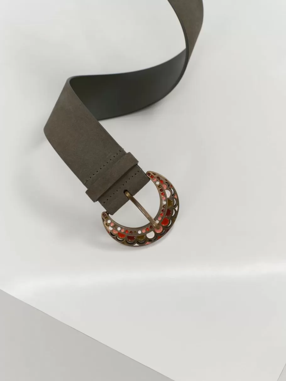 One Step Ceintures^Addict - Ceinture Large Kaki En Cuir Velours Certifie A Boucle Gravee