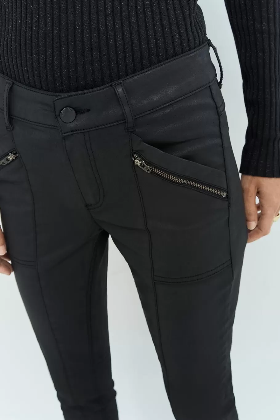 One Step Denims & Pantalons^Le Joan - Jean Slim Noir 7/8Eme Enduit Esprit Motard