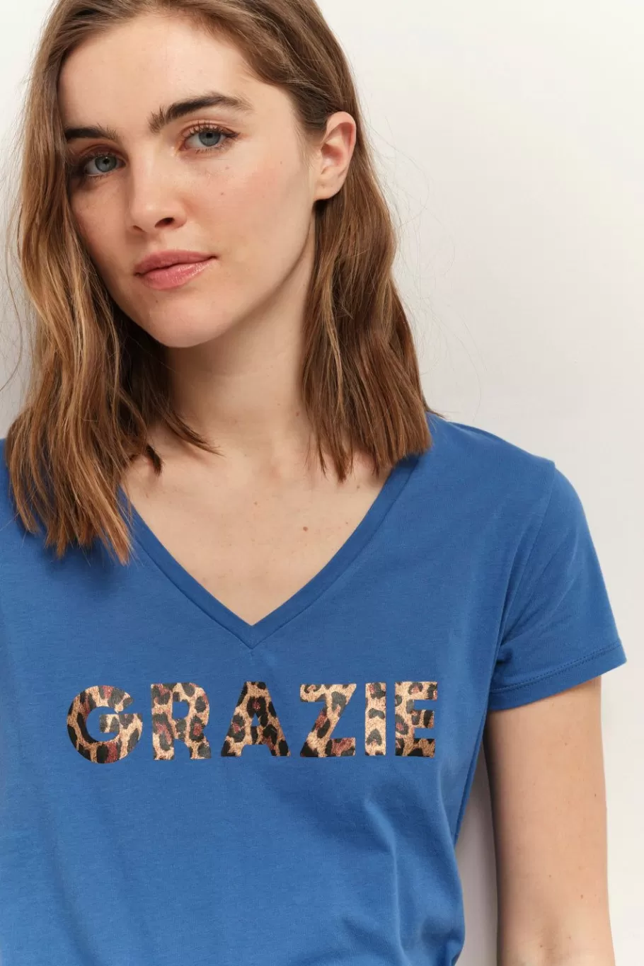 One Step T-Shirts^Mica - T-Shirt Santorin Blue Coton Bio Message Motif Leopard Metallise