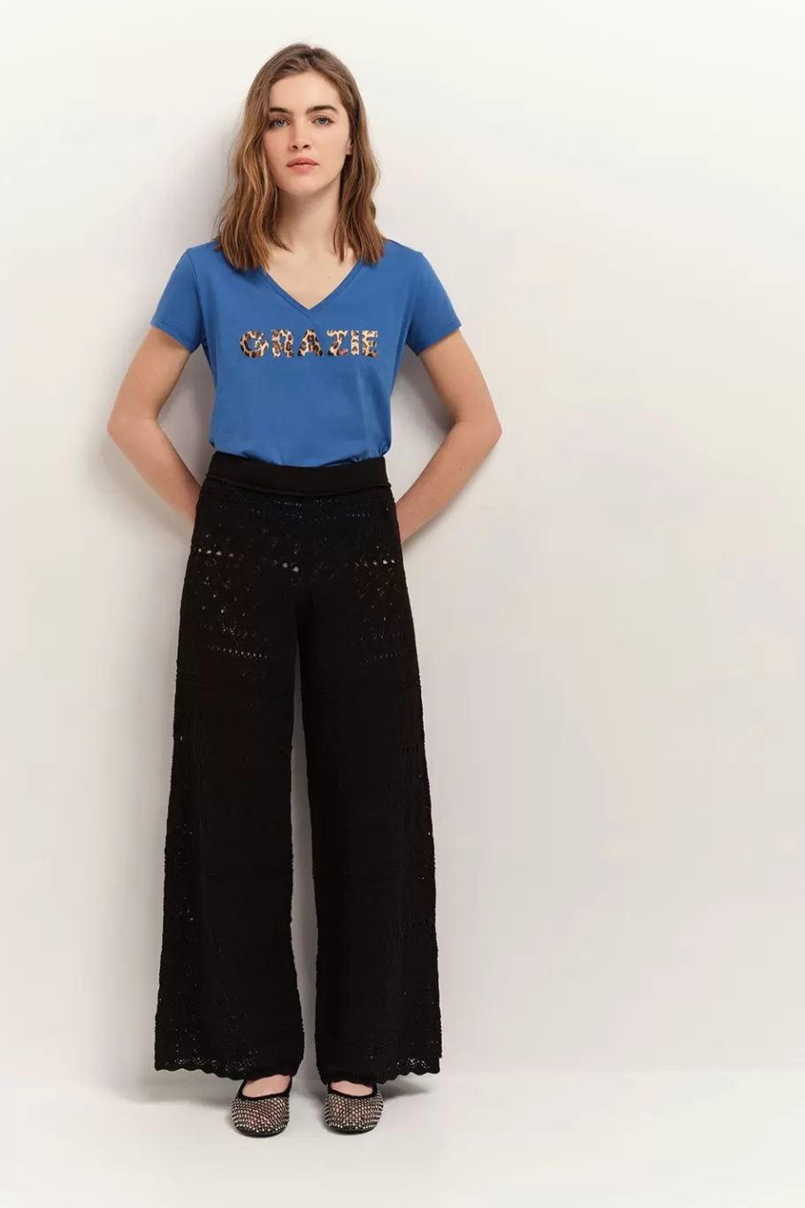 One Step T-Shirts^Mica - T-Shirt Santorin Blue Coton Bio Message Motif Leopard Metallise