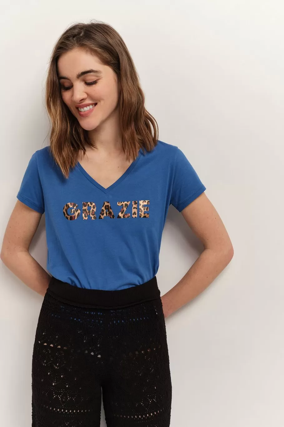 One Step T-Shirts^Mica - T-Shirt Santorin Blue Coton Bio Message Motif Leopard Metallise