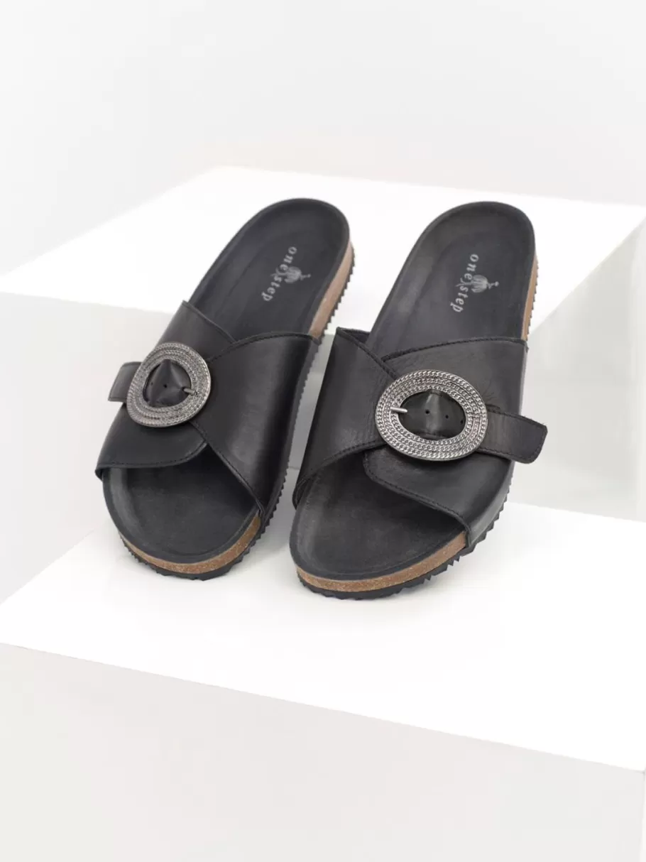 One Step Chaussures^O.Oran - Mules Noires En Cuir A Boucle Metal Grave
