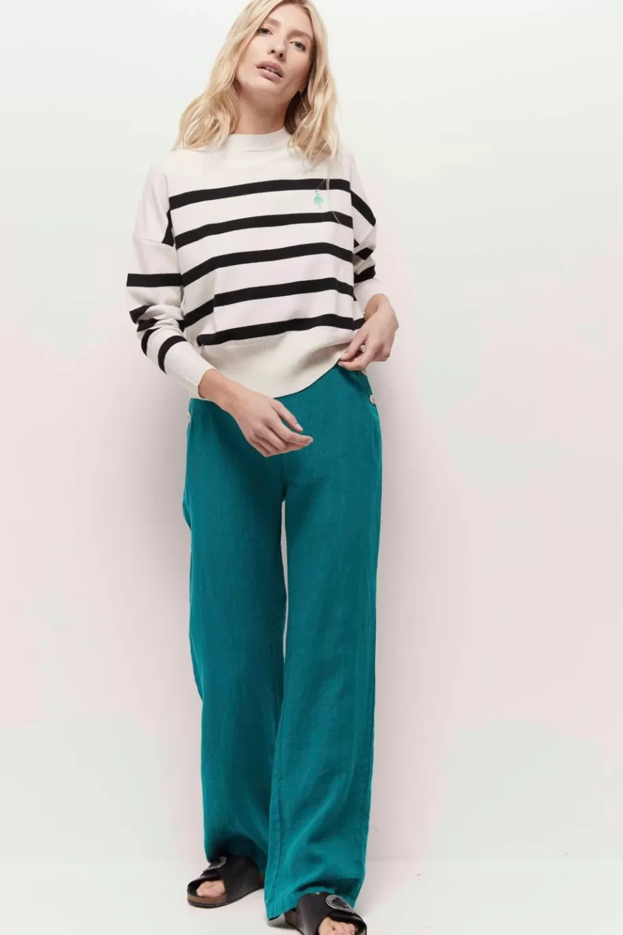 One Step Denims & Pantalons^Pamela - Pantalon A Pont Jungle Green En Lin