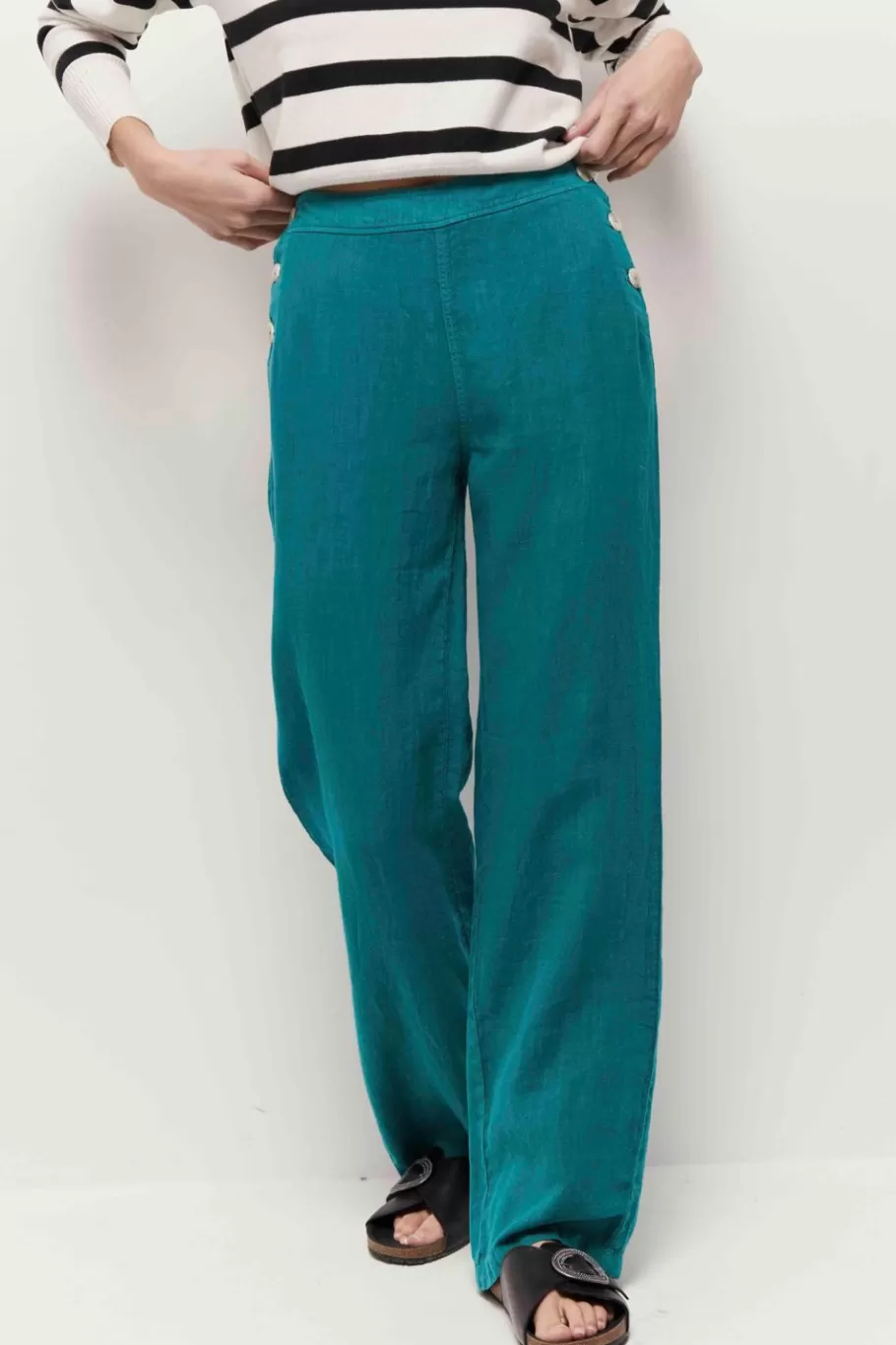 One Step Denims & Pantalons^Pamela - Pantalon A Pont Jungle Green En Lin