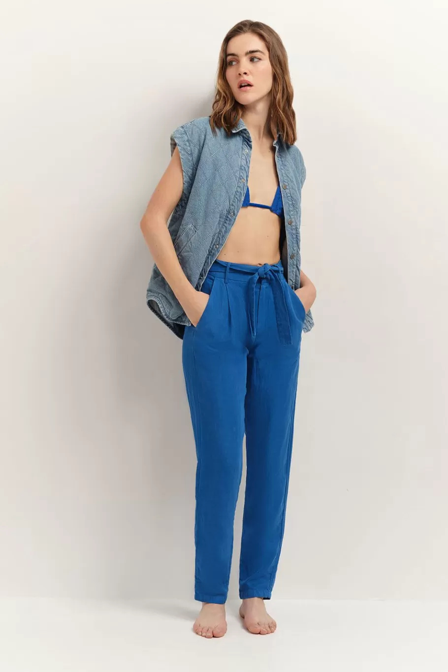 One Step Denims & Pantalons^Pearl - Pantalon Neo-Carotte Santorin Blue Ceinture