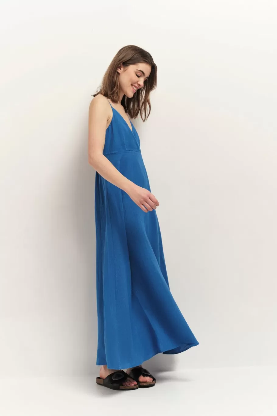 One Step Robes & Combinaisons^Rimini - Robe Longue Santorin Blue A Fines Bretelles En Lin