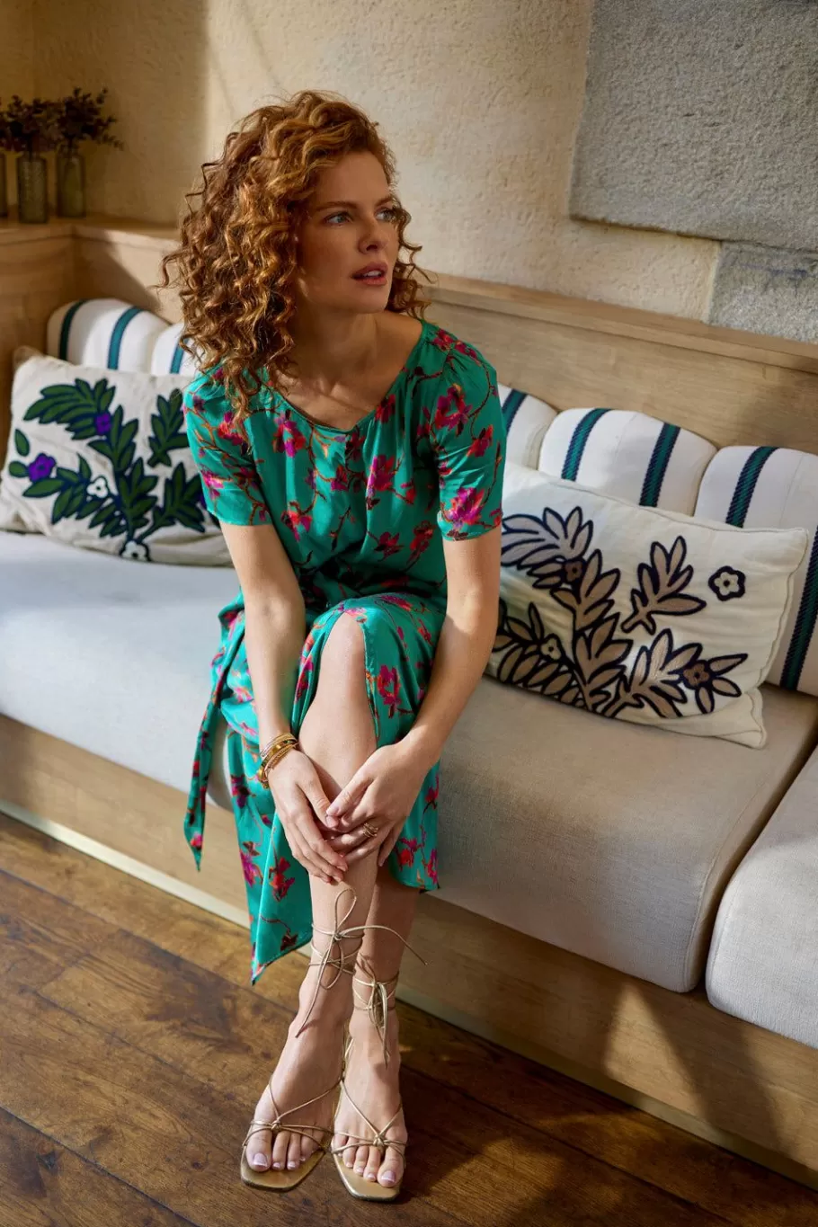 One Step Robes & Combinaisons^Rissa - Robe Midi Green Grass Lenzing Ecovero A Imprime Fleurs De Fete
