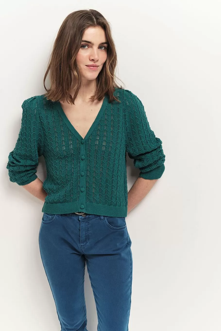 One Step Pulls, Gilets & Sweats^Tarry - Cardigan Reversible Vert Cedre Tricot Ajoure