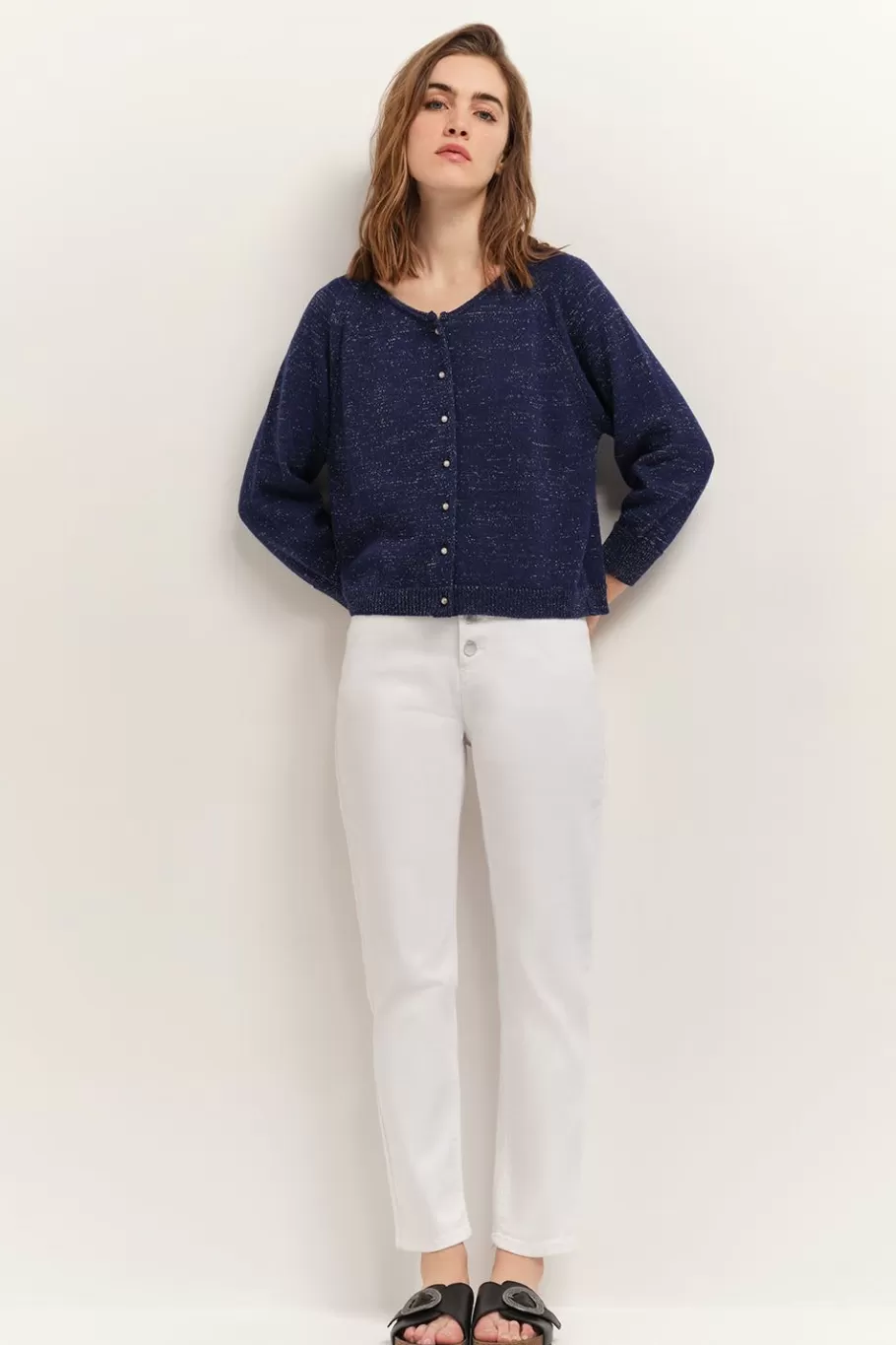 One Step Pulls, Gilets & Sweats^Taste - Cardigan Marine Tricot Lurex Col Bateau